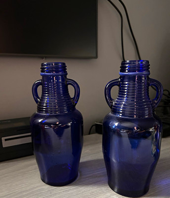 2 Vintage Cobalt Blue Glass Amphora Vases Ribbed Neck Twin Double Handle 7 