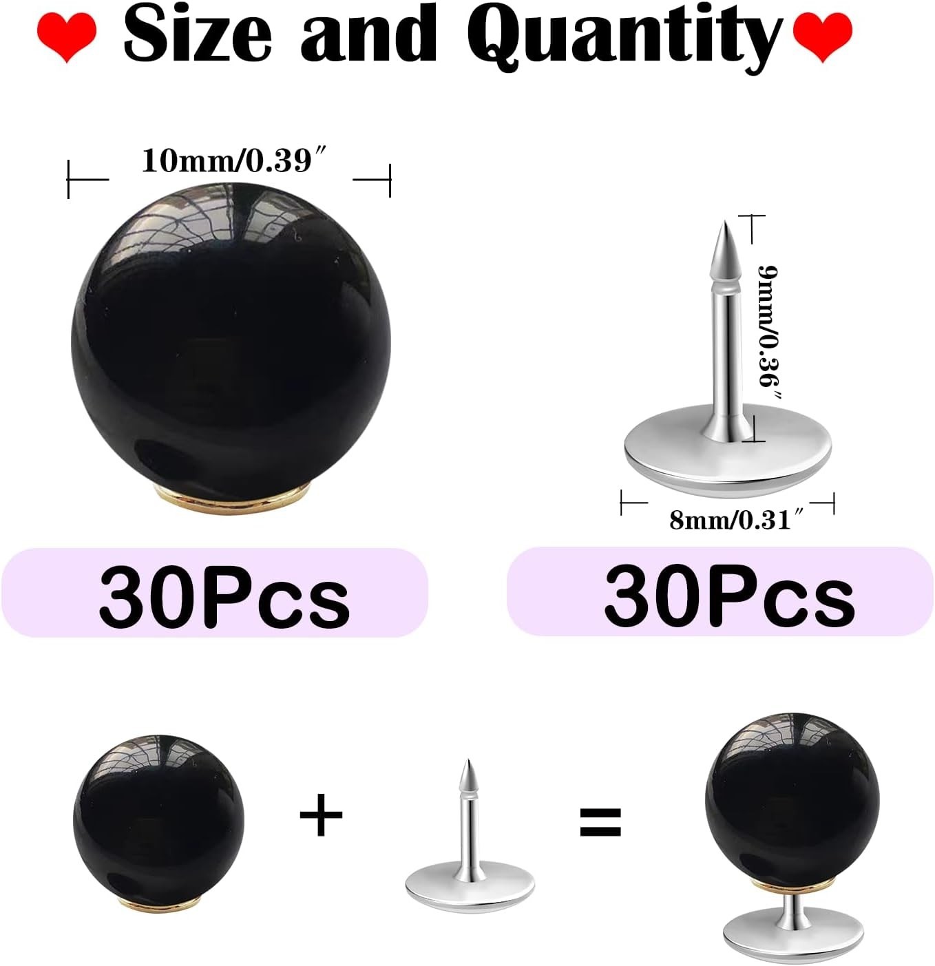 30 Sets 10mm No Sew Black Pearl Buttons Brooch Pins Pearl Rivets No Tools Det...