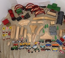 Huge Lot Of Brio Vtg Wooden Railway Train Set, Bridges, Building
