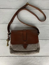 Fossil Women's Brown Leather Printed Fabric Crossbody Cute Shoulder Bag Purse