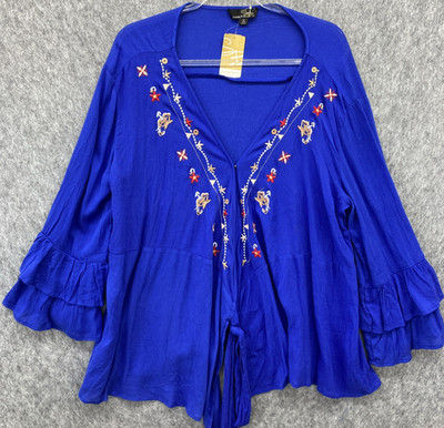NEW Suzanne Betro Gauzy Cardigan Topper Shirt Womens 1X Blue Embroidered Ruffles