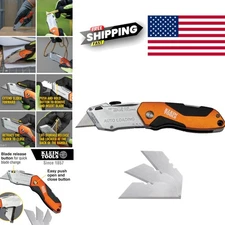 Utility Knife Auto Loading Folding Box Cutter with Three Blades and Pocket Clip