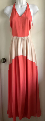 Tibi NY Designer Coral Ivory Colorblock Halter Maxi Silk Dress XS G2U