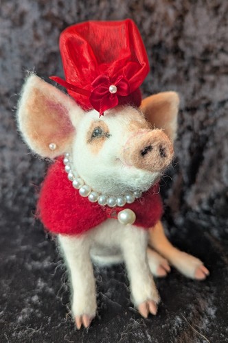 OOAK Needle Felted Seated Pig in Red Hat and Pearl Necklace by Tatiana Trot