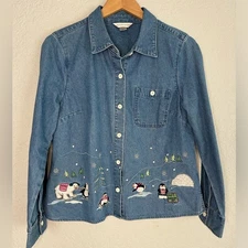 Christopher & Banks Denim Embroidered Button Up Shirt Polar Bear Snow Teacher