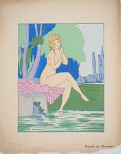 Maggy MONIER : Art déco, Femmes Pensive près du ruisseau, Lithographie signée