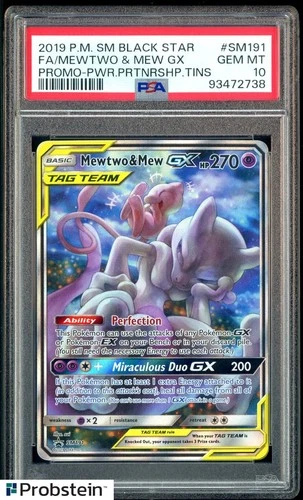 2019 Pokemon SM BSP Power Partnership Tins #SM191 FA Mewtwo & Mew GX PSA 10
