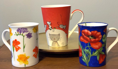 KONITZ MUG CO (Germany) 3 Porcelain MUGS Cat & Mouse 14oz~Poppy 8oz~Flowers 8oz