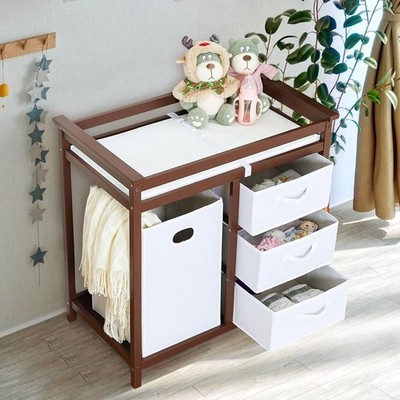 Wooden Diaper Baby Changing Table Station with 3 Drawers and Laundry Basket