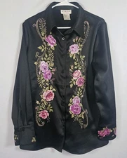 Victor Costa Occasion Blouse Women Medium Black Satin Floral Embroidered EUC 