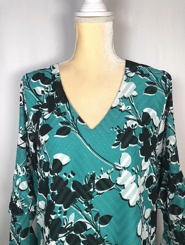 Calvin Klein Women Blouse Shirt Large Top Long Sleeve Chiffon Green Black NW $79 - Picture 2 of 11