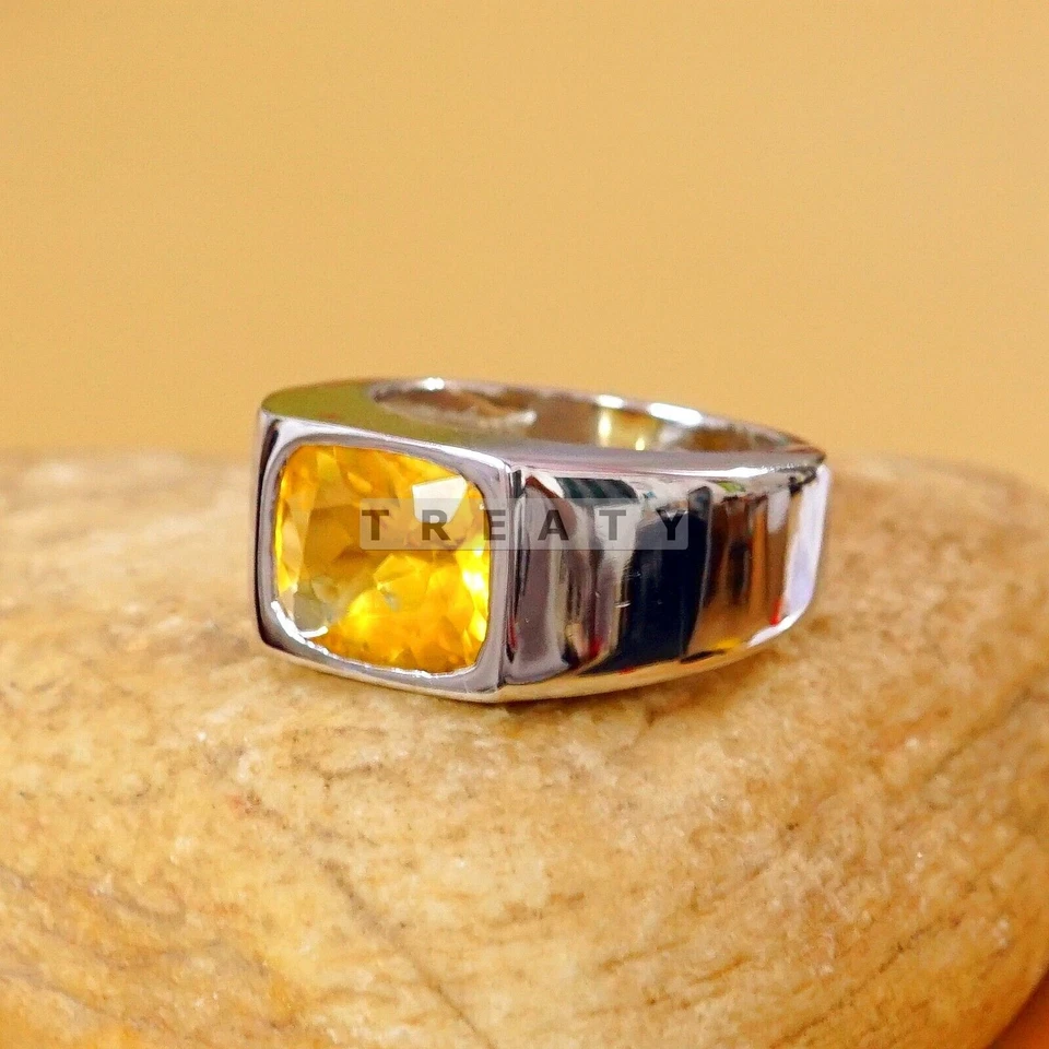 Cojín de citrino corte con anillo chapado en oro de plata de ley 925 para hombre #B793 * Foto 4 de 4