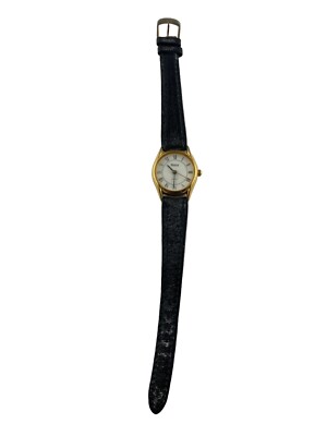 Mebus Quartz Armbanduhr Gold Schwarz Leder Vintage Stainless Steel Back Analog