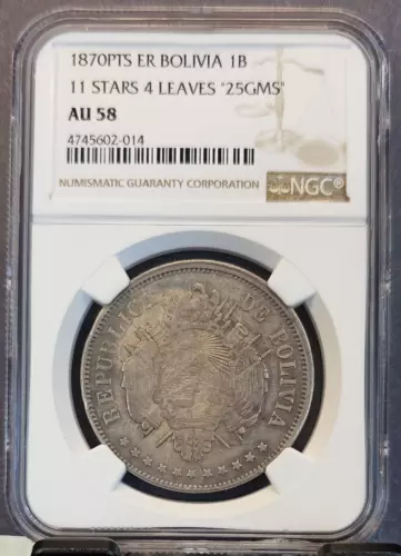 1870 PTS ER BOLIVIA SILVER 1 BOLIVIANO 11 STARS 4 LEAVES NGC AU 58 SCARCE COIN
