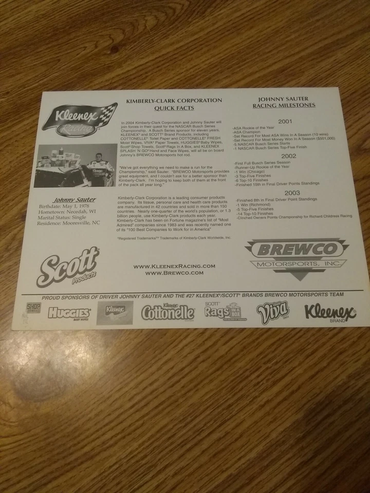JOHNNY SAUTER KIMBERLY-CLARK 2004 NASCAR PROMO POSTAL Foto 2 de 2
