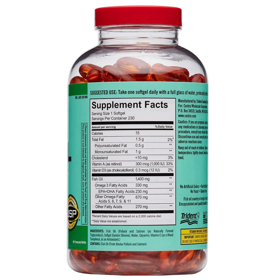 Óleo de peixe Kirkland Signature Wild Alaskan 1400 mg, 230 cápsulas gelatinosas - Imagem 2 de 3