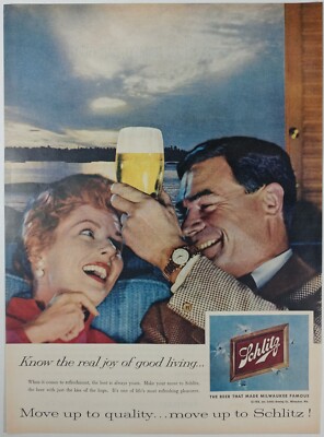 1950s SCHLITZ Beer Toast Moonlit Evening Colorful Frameable Vintage Print Ad