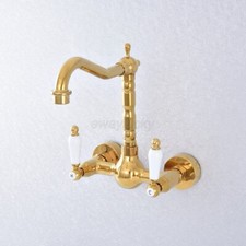 Gold Color Brass Wall Mounted Bathroom Kitchen Sink Faucet Dual Handle Mixer Tap