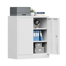 Metal Storage Cabinet With Lock Doors & Adjustable Shelves Small Garage Cabinet