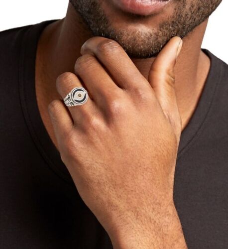 Anillo de lujo para hombre 935 plata 0,42 quilates ónix y zafiro mal de ojo diseño cara redonda - Imagen 2 de 8