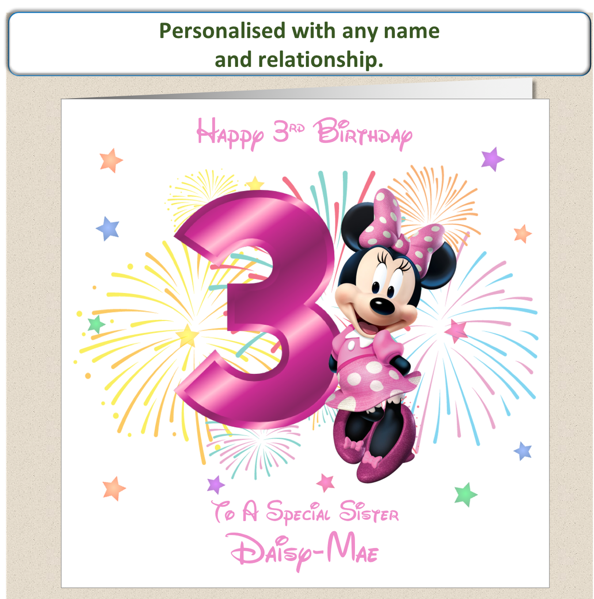 Personalised Minnie Mouse 3rd Birthday Card Daughter, Granddaughter, Niece
