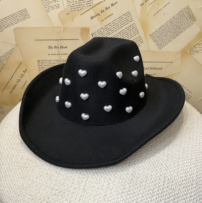 Anthropologie Heart Pearls Rancher Hat Brim Bead Crown Wool  display picture 1
