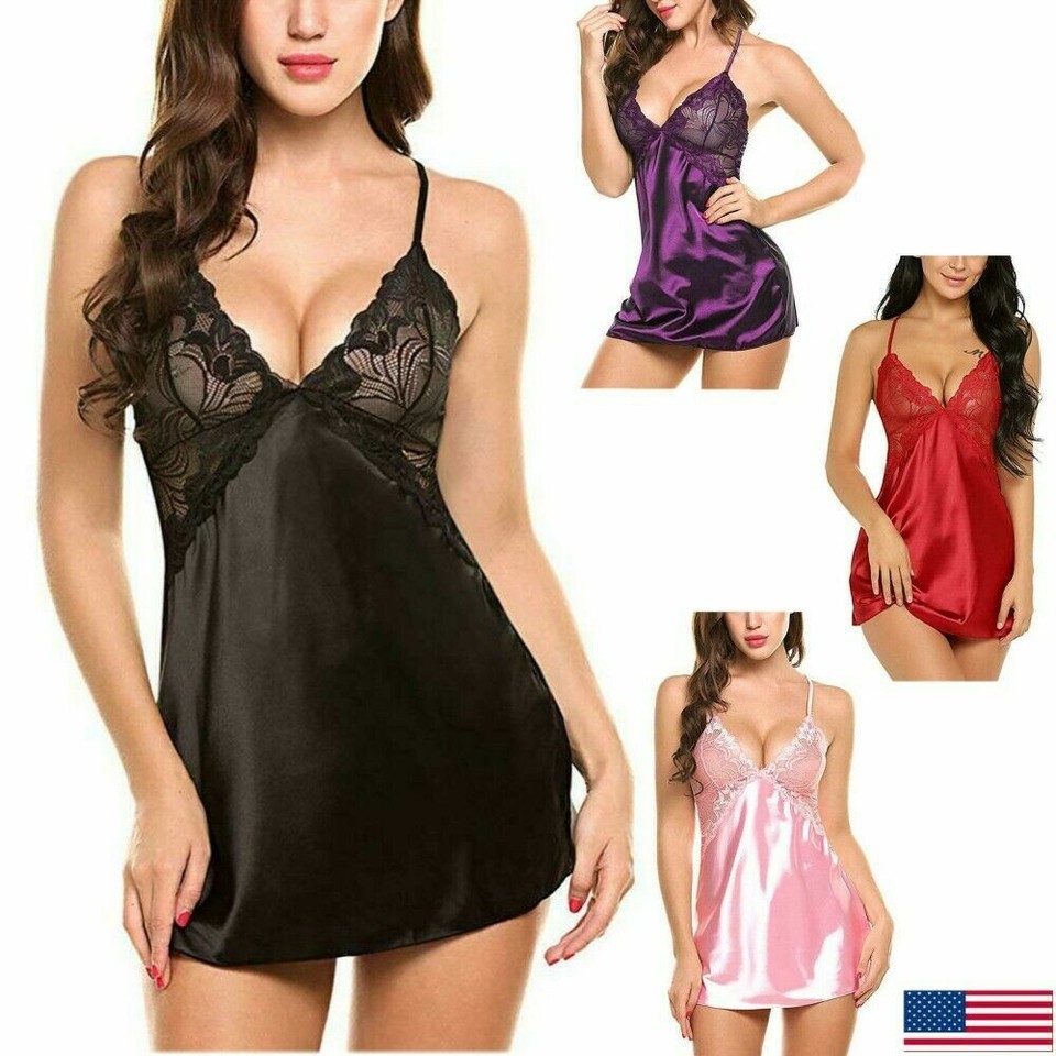 Sexy Lencería Para Mujer Seda Encaje Ropa Interior Prendas para Dormir Vestido de Noche Babydoll Pijama