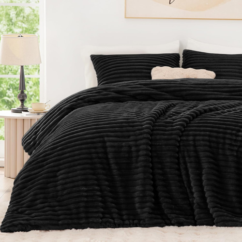 Fluffy Comforter Set Queen Size - Super Soft Faux Fur Stripe Jacquard Comforter