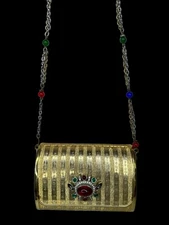 Vintage Gilt Jeweled Minaudiere Lewis Hard Shell Gold Purse Italian Embossed