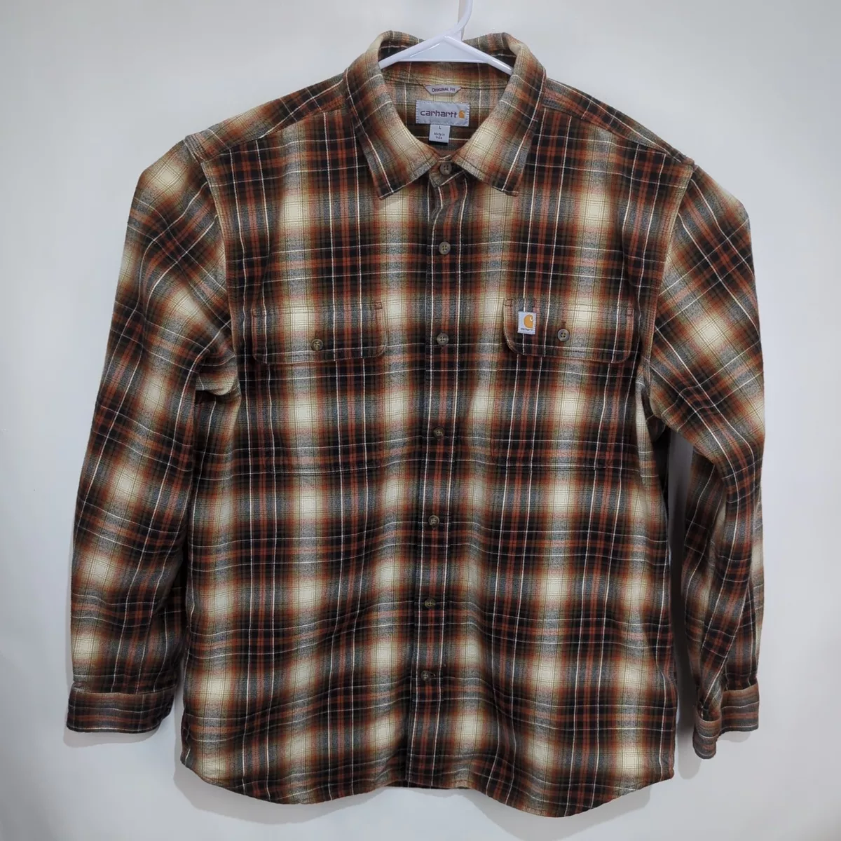 Carhartt Hubbard Plaid Flannel Shirt Black Brown Original Fit Large Men's  Button