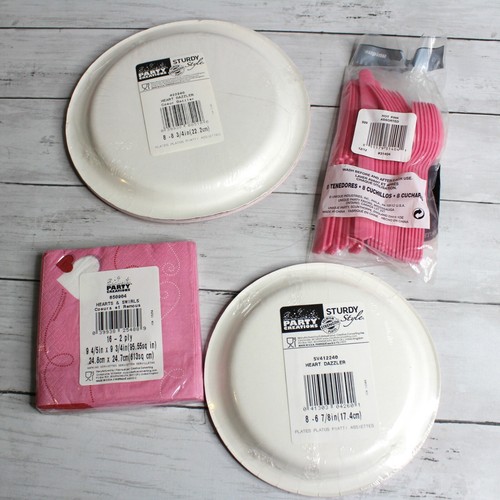 Party Valentine's Day Paper Plates Napkins Cutlery Dinnerware Lot Pink Red Love - Picture 4 of 10
