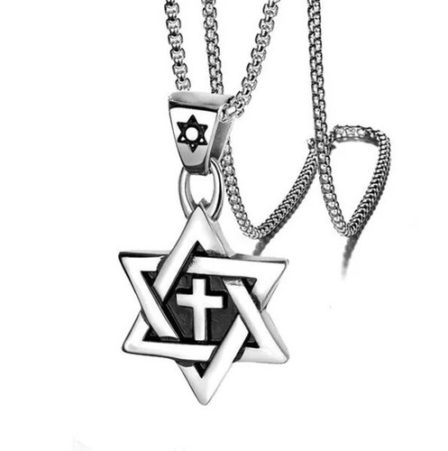 Silver Jewish Star of David with Cross Necklace - Picture 4 of 11