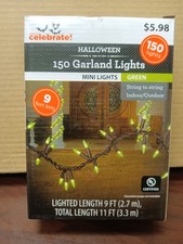 Way To Celebrate Halloween 150 Garland Mini Lights Green 9" NEW