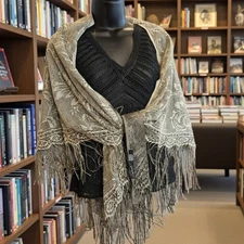 Cejon Witchy Shawl Lacy Fringe Black and Gold Formal Evening Scarf Romantic