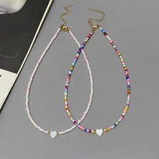 Nature Shell Love Heart Choker Necklace Glass Beads Necklace