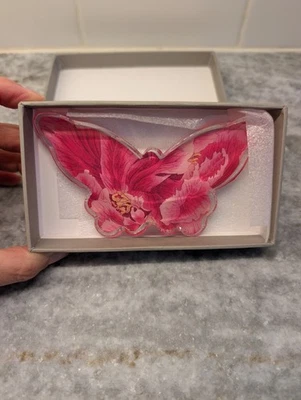 Fringe Studio Butterfly Shaped Crystal Paperweight W/ Box Pink Floral Design - Image 1 of 4