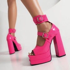Roman Style Women Peep Toe Platform Buckle Sandal High Block Heel Patent Leather