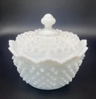 Vintage 1970-1985 Fenton White Milk Glass Hobnail Dish with Lid Signed(F)