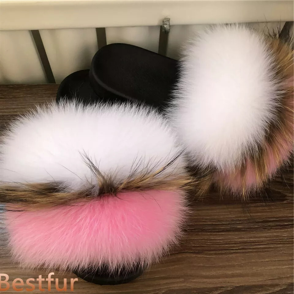 SAOLA Ciabatte donna slides max large XXL vera pelliccia di volpe sandali pelosi scarpe basse