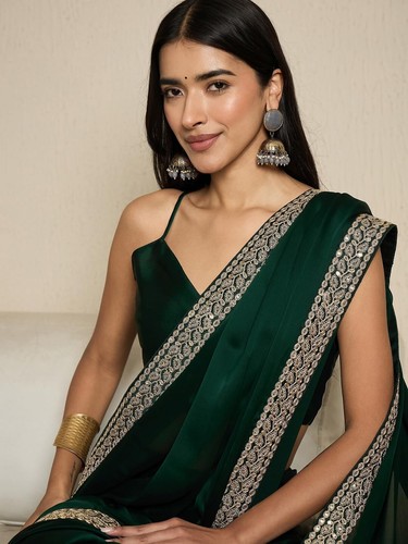 Satin Solid Ready To Wear one Minute Saree With Unstitched Blouse Piece - Picture 4 of 8