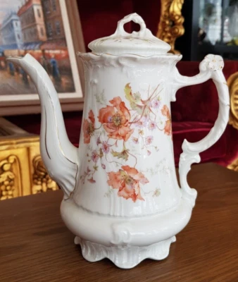 Carl Tielsch Antik Kaffeekanne Porzellan Handarbeit Floral Altwasser Schlesien - Bild 1 von 4