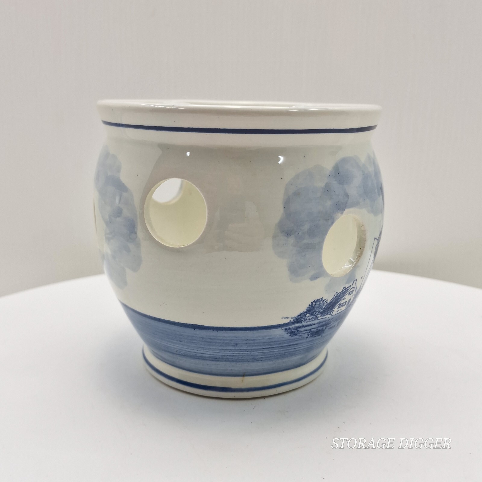 VTG Delft Blauw Crocus Bowl/Bulb Planter Hand Painted Windmill Sailboat Holland