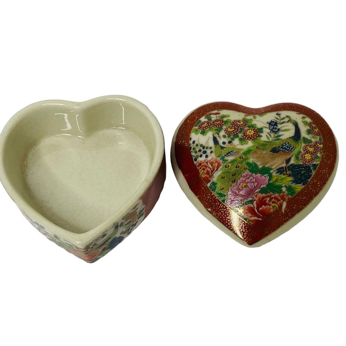 Satsuma Japan Heart Shaped Trinket Box Peacock Vtg 80s Floral