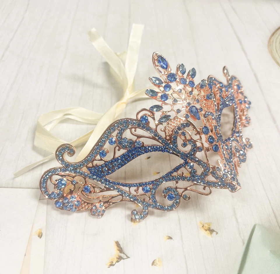 Masquerade Ball Party Gold Mask, Venetian Blue Eye Masks, Mardi Gras Parade Mask - Image 4 of 4