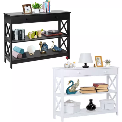 3-Tier Console Table Storage Shelf Black Sofa Table with Drawer Hallway 2 Colors - Picture 1 of 26