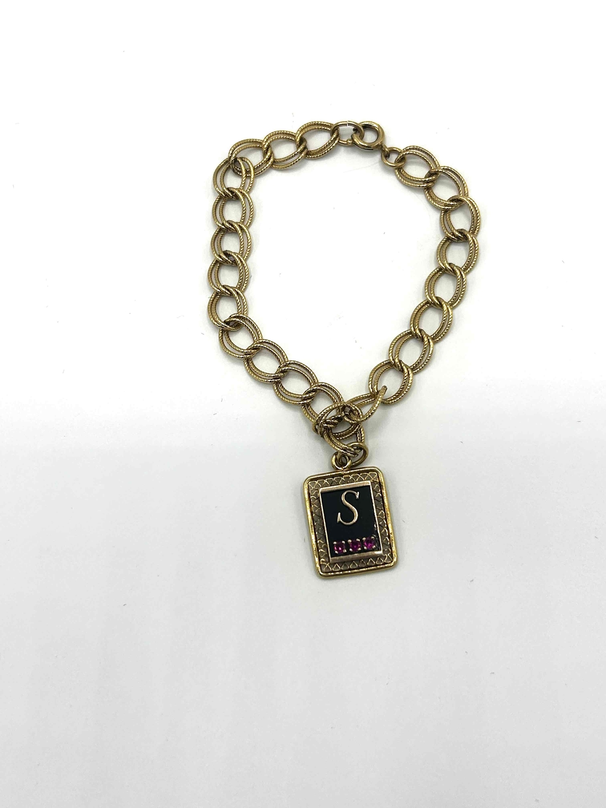 Gold S Initial Charm Bracelet with Pink Stone Pendant