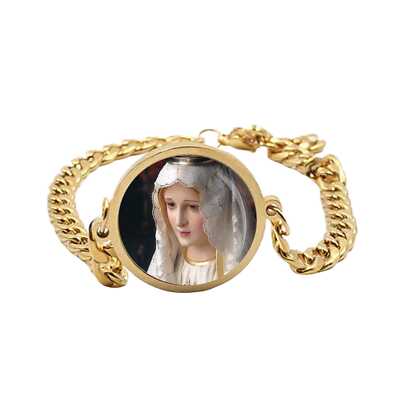 Our Lady Fatima Nossa Senhora Curb Bracelet Gold or Stainless Steel tone   Chain