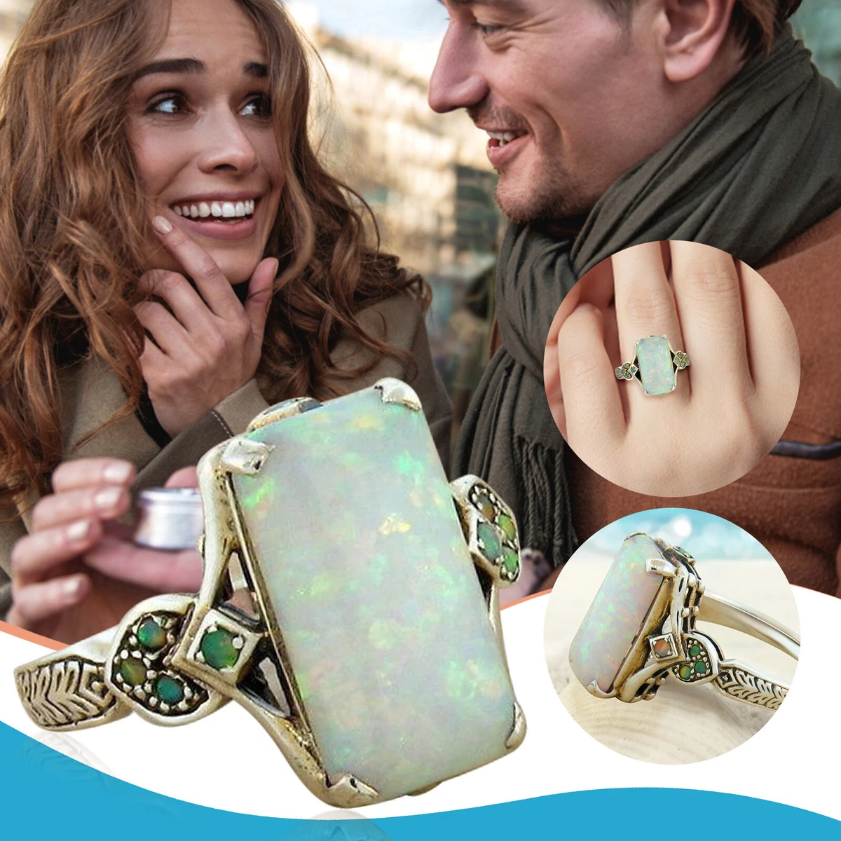 Luxury Square White Opal Antique Silver Ring Jewelry Engaged Gold Trendy Rings