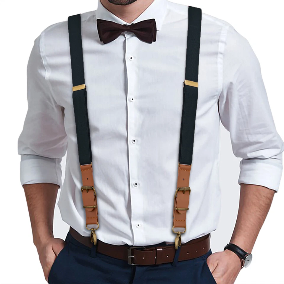 Mens Suspenders Leather Adjustable Elastic Y-Shaped Braces Hooks Pants Brace - Image 2 of 4
