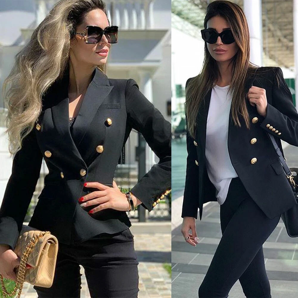 Black Women's Suits Slim Fit Double Breasted Office Ladies Blazer Formal  Party